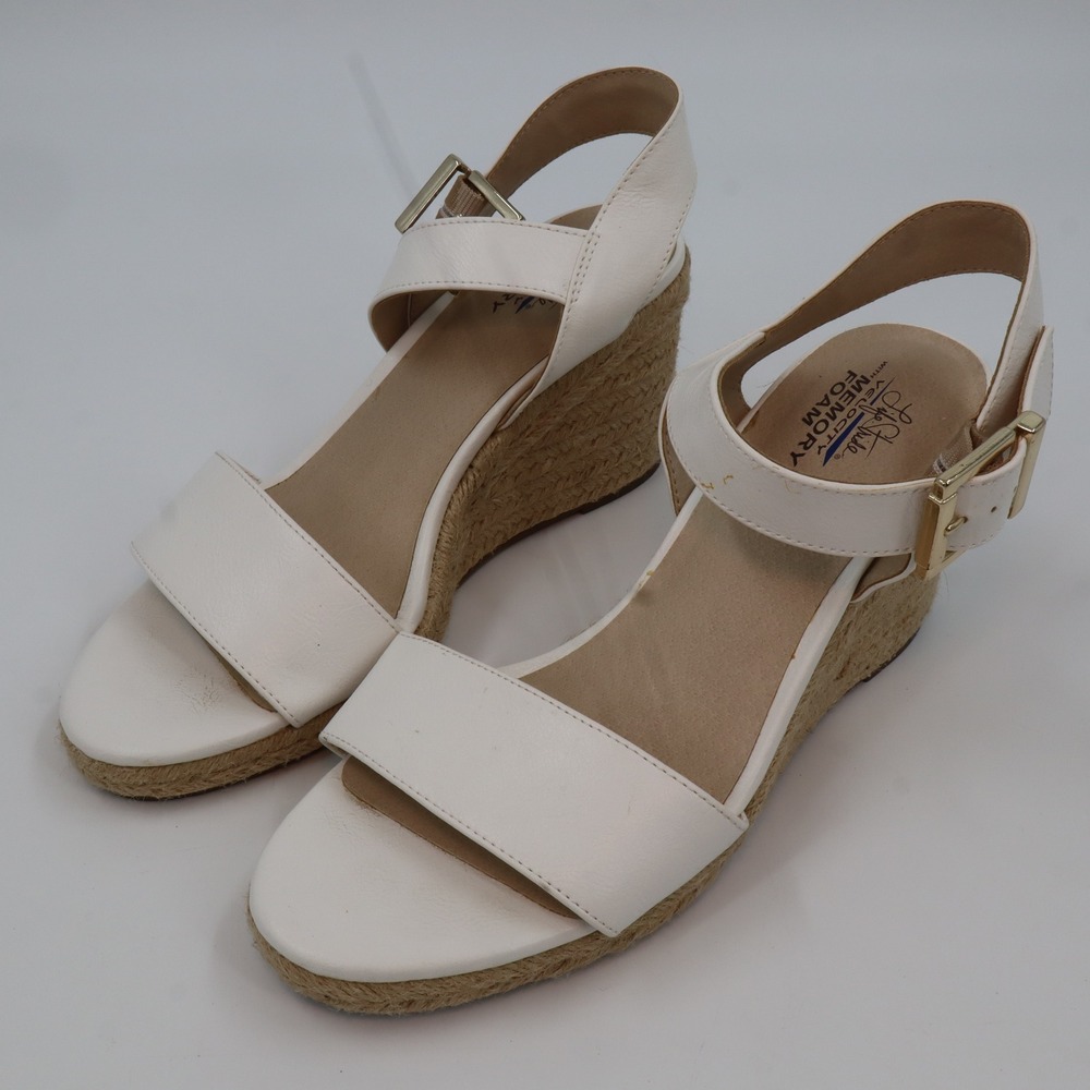 LifeStride Espadrille Wedge Sandals Womens 9.5 White Faux Leather Ankle Strap